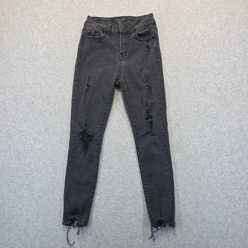 ENJEAN Women’s Black High Rise Skinny Jeans Distressed Frayed Hem Size 0